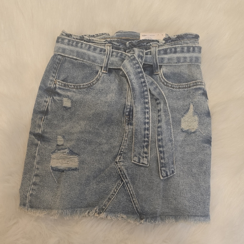 SO Blue Distressed Denim Mini Skirt with Tie